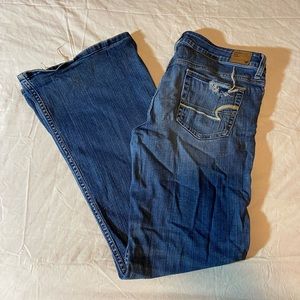 American Eagle Womens Blue Hipster Denim Jeans Mid Rise Wide Leg Stretch Size 12